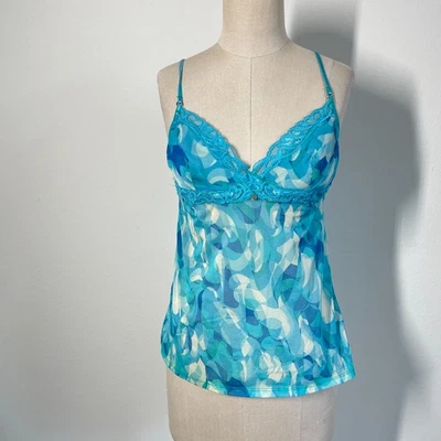 Victoria's Secret Top Women M Blue Babydoll Tank Sheer Trim Y2K V Neck Fairy - Image 1 of 4