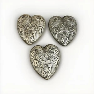 Vintage Silber Ton Metall geprägt Floral Herz Knopf Abdeckungen 3er Set - Bild 1 von 4