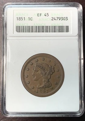 1851 1c cabelo trançado centavo grande ANACS EF45 XF45 caixa de sabão laje suporte antigo - Imagem 1 de 4