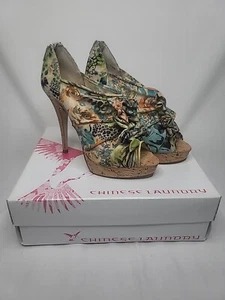 Chinese Laundry Heels Size 8.5M Ruffle Front Pointed Peep Toe Floral Print Shoes - Picture 1 of 7