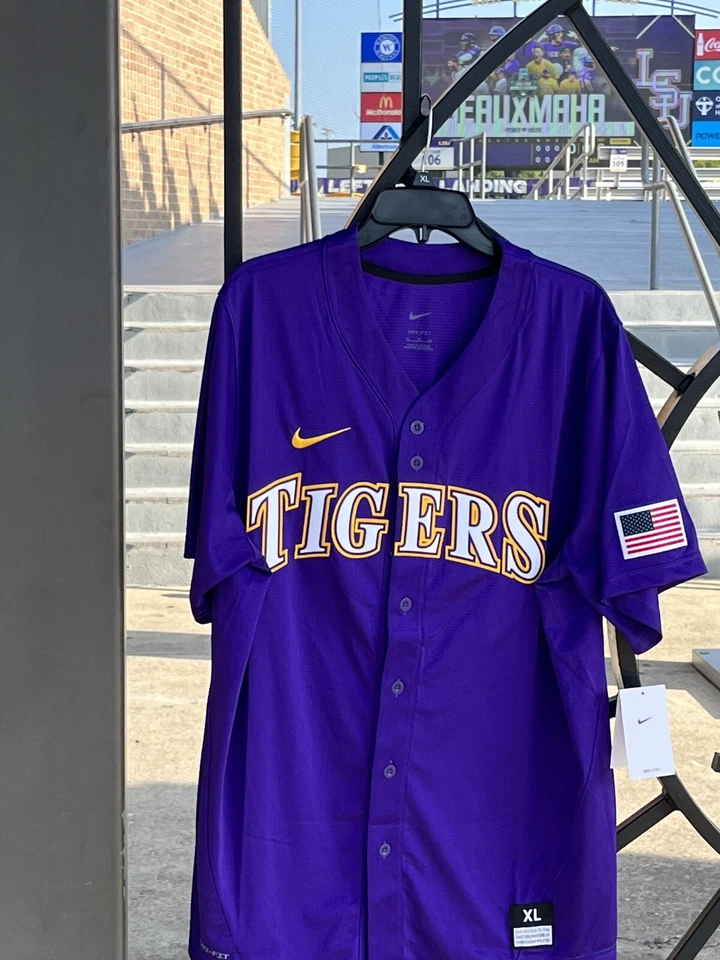 Nike LSU Tigers Baseball Jersey Men's Size Large Purple Yellow Dri Fit Shirt