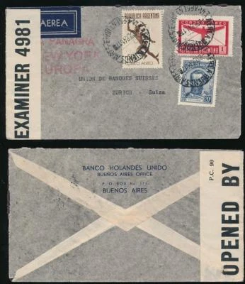 ARGENTINA WW2 CORREO AÉREO PANAGRA SELLO DE MANO 1941 BERMUDAS CENSOR 4981 BANCO HOLANDES Foto 1 de 3