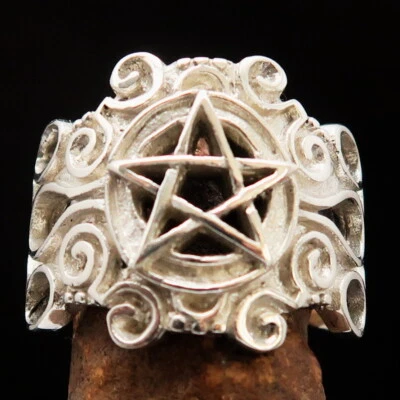 PENTAGRAM RING, BLACK MAGIC MENS STERLING SILVER SYMBOL RING SORCERER SIZE 10 - Image 1 of 4