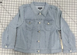 NYDJ M Fit Is Everything Denim Jean Jacket Pin Stripped White Blue Pockets R8 - Picture 1 of 8