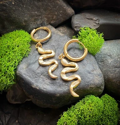 PAIR Dangling Snake Hoop Earrings 316L Stainless Steel Hinge Action 20g - Image 1 of 4