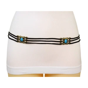 Women Black Faux Suede Tie Wrap Belt Gold Charm Turquoise Blue Adjustable M L XL - Picture 1 of 24