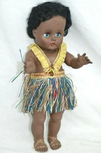 RATTI Doll Hula Grass Skirt Hawaiian 13” Italy Blinky Eyes Lei Vintage 1950's - Picture 1 of 12