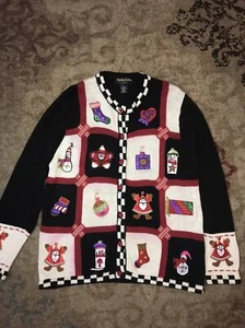 Theme Works Kikit Holiday Cardigan Sz L Vintage Patchwork - Picture 1 of 9