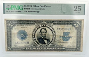 1923 $5 SILVER CERTIFICATE, LINCOLN PORTHOLE, FR#282 PMG VF-25 - Picture 1 of 6