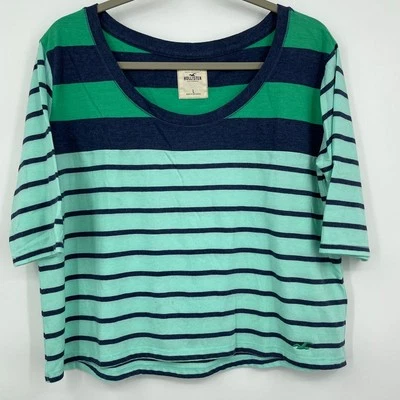 Camisa Top Hollister Para Mujer Azul Verde Rayas Manga 3/4 Cuello Redondo Grande Foto 1 de 4
