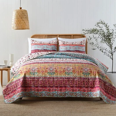 Boho Style Queen Quilt Set Reversible Bohemian Floral Strip Quilt Beddding Se... - Image 1 of 4