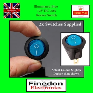 2x Blue 12v-20A SPST illuminated Full Round Rocker Switch Car Van Boat - Picture 1 of 3