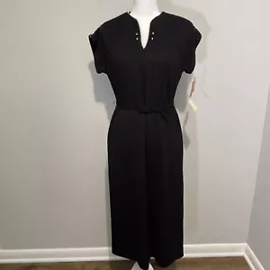 Vtg Lesley Fay Midi Dress Sz 12 Black Belted Rhinestones USA Union Made 70s New - Picture 1 of 20