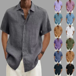 Mens Short Sleeve Summer Dress Shirt Casual Solid Button-up Loose Tops Shirts US - Picture 1 of 23