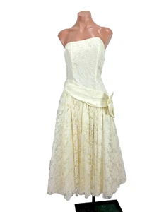 Vintage 80s Prom Dress Gown Strapless Puffy Full Skirt Lace Wedding Bridal 10 - Picture 1 of 11