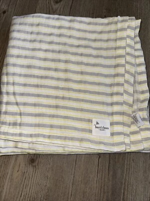 Детское одеяло Burts Bees желтое серое белое пеленальное муслиновое органический хлопок милое 46 дюймов - Изображение 1 из 3