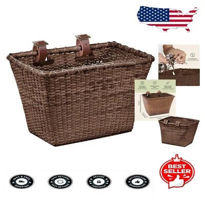 矩形甘蔗托特包篮子带皮革肩带适用于自行车车把安装 — 第 1/4 张图片