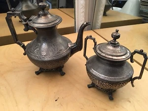 Set of 1900s French ARMAND FRENAIS Teapot & Sugar Bowl Silver Metal Parisian - Picture 1 of 12