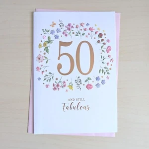 Age 50 Birthday Card Female Ladies For Her Gold Text 50th - 7.5"x5.25" - Picture 1 of 3