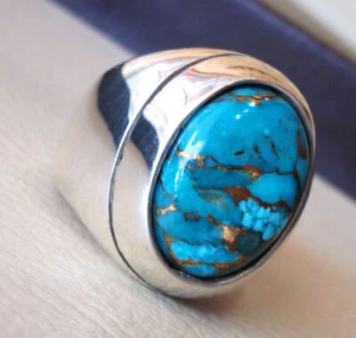 Solid 925 Sterling Silver Natural Blue Copper Turquoise Gemstone Men's Gift Ring - Image 1 of 4