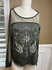 Miss Me Large Embellished Grey/Brown Crochet Sleeves Sparkle Pullover Knit Top