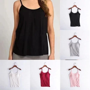 Womens Built in Bra Padded Cami Vest 2 in 1 Camisole Top with Tee Tank T Shirt~~ - Picture 1 of 20