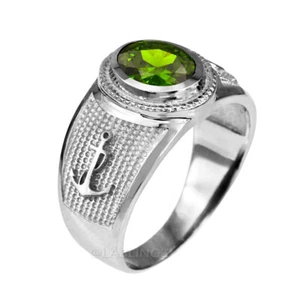 Sterling Silver Mariner Anchor Band August Birthstone Olive Green CZ Ring - Picture 1 of 3