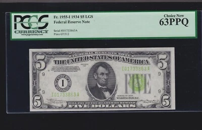 US 1934 $5 FRN Minneapolis LGS FR 1955-I PCGS 63 PPQ Ch CU (863) - Image 1 of 2