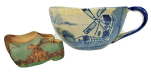 Holland Delft Blue Vtg Antique Tea Cup Windmill San Antonio Carved Wood Clogs - Picture 1 of 6