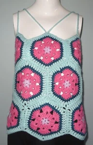 New Handmade Crochet Size L (36 Inches) Blue African Flower Hexagon Blouse Tops - Foto 1 di 4