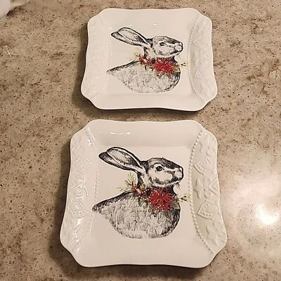 Christmas Rabbit with Wreath Porcelain Square Salad Plates - Image 1 of 4