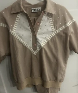 Vintage Tan & White Teddi 2 Piece Set-Top & Pants Sz 12-Classic 60’s/70’s Outfit - Picture 1 of 14