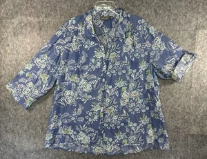Roz & Ali Women's Floral Blue Top Button Shirt 3X High Low Hem Roll Tab Sleeve - Picture 1 of 7