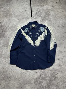 Vintage H BAR C TAOS pearl snap embroidered fringed black western shirt  mens - Picture 1 of 15