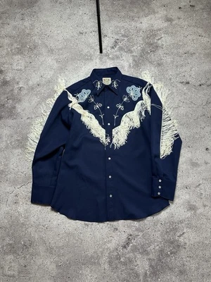 Vintage H BAR C TAOS pearl snap embroidered fringed black western shirt  mens - Image 1 of 4