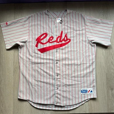 VINTAGE 90S CINCINNATI REDS #15 GRAY PINSTRIPE JERSEY MAJESTIC MADE IN USA XL - Image 1 of 4