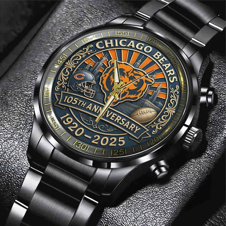 Chicago Bears Black Stainless Steel Watch-personalize name - Image 1 of 4