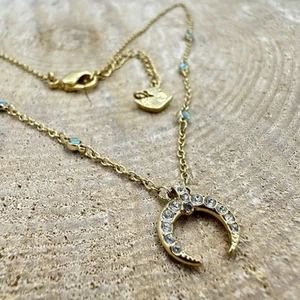 Swarovski Half Moon Crystal Necklace Gold Tone Turquoise 15-17in Swan - Picture 1 of 9