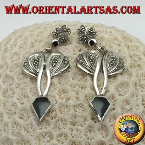 Pendientes de Plata 925‰ Ónix en Forma De Diamante Y Montura Con Marcasita - Imagen 1 de 2