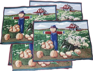 6 Woven Tapestry Placemats Fall Harvest Pumpkin Scarecrow Farm 19.5x13.5 - Picture 1 of 5