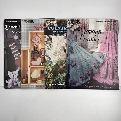 Lot 4 Vtg Leisure Arts Afghan Pillow Scraps Christmas Knit Crochet Leaflets - Image 1 of 4