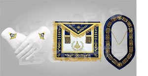 Masonic Blue Lodge Master Mason Juego de Delantal Cadena Cuello y Guantes - Imagen 1 de 1