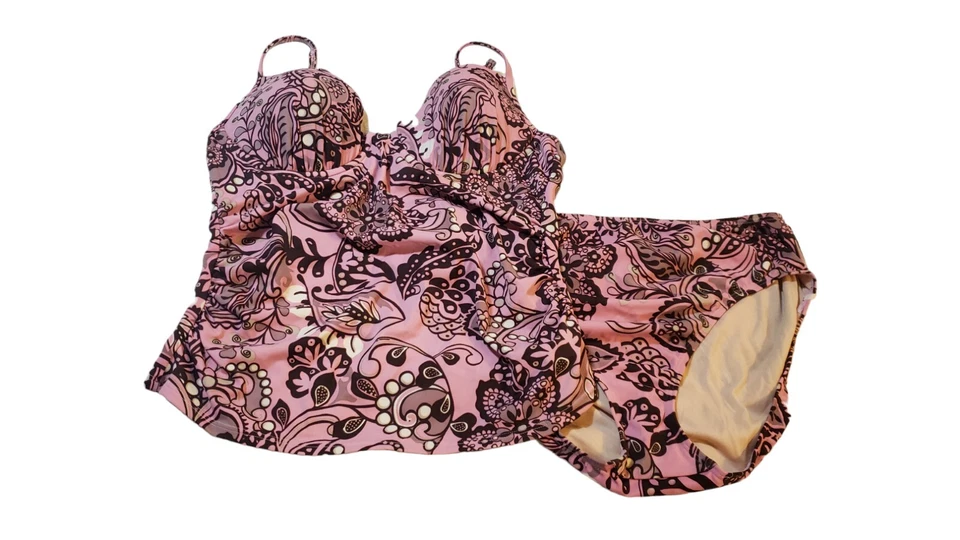 Newport News Traje de Baño 2 Piezas Natación Talla 14 Floral Rosa Marrón Sujetador Incorporado Verano Foto 1 de 4