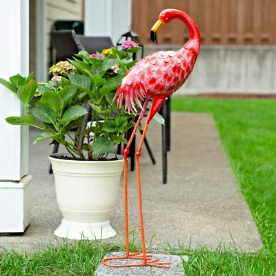 Standing Pink Flamingo Metal Statue Foyer Accent Yard Garden Decor 14"x8"x33" - Image 1 of 4