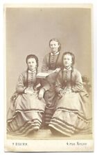 Vintage Old CDV Photo of 3 Sisters Wearing Identical Dresses Paris France DIDIER