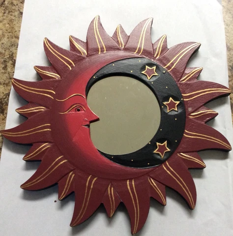 MOON & STARS MIRROR 11.5” Hand Carved & Painted NEW RED Cover