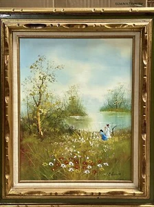 Vintage Landscape Oil Painting Art Signed Cheron 15.5”x19.5” | Picking Flowers - Picture 1 of 11