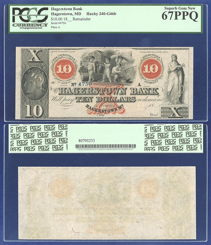USA HAGERSTOWN BANK $10 MARYLAND PCGS CURRENCY SUPERB GEM NEW 67PPQ - Image 1 of 1