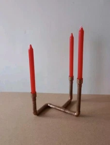 Handmade COPPER PIPE Triple CANDLE HOLDER CANDELABRA Brutalist Industrial 3 Arms - Picture 1 of 11