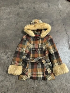 Vintage 70s Sears Plaid Autumn Fall Fur Hooded Jacket - Picture 1 of 24